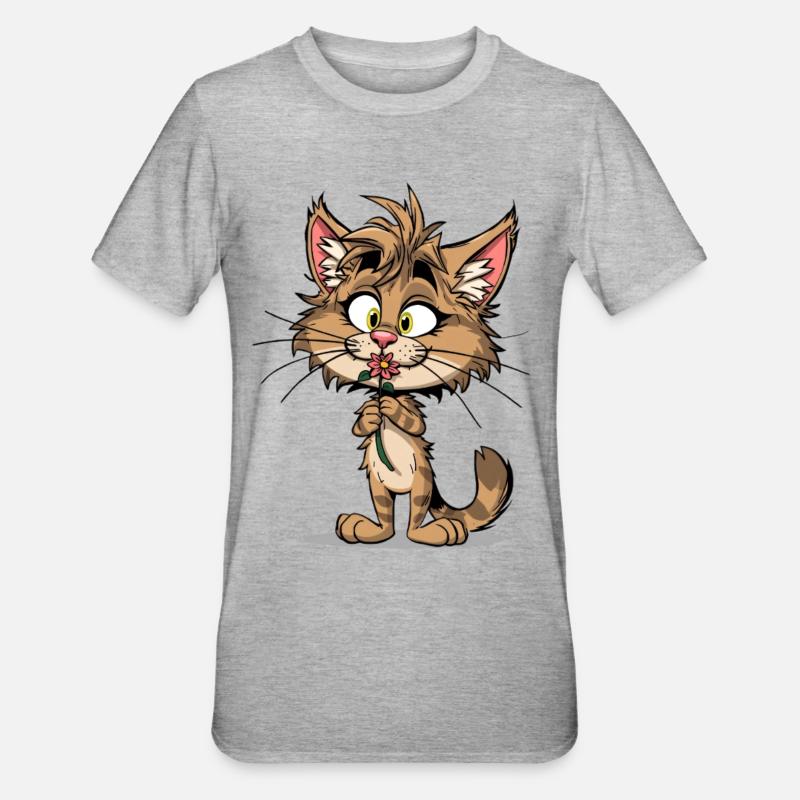Chat mignon avec fleur - T-shirt polycoton Unisexe - gris chiné