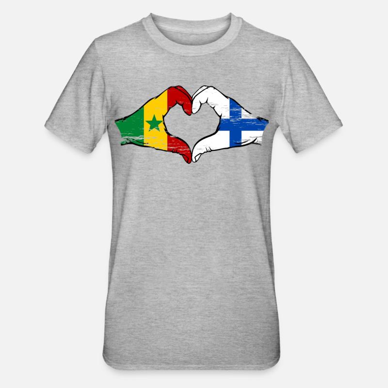 Sénégal Finlande Drapeau Mains Coeur Forme - T-shirt polycoton Unisexe - gris chiné