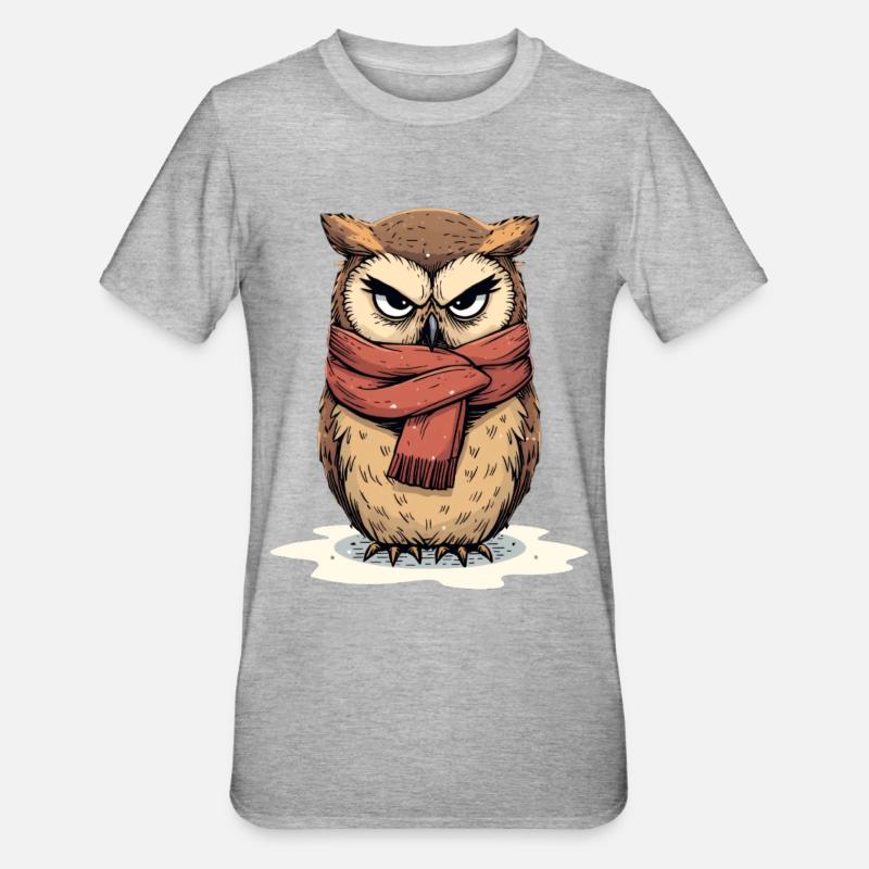 Hibou d’hiver avec écharpe rouge - T-shirt polycoton Unisexe - gris chiné