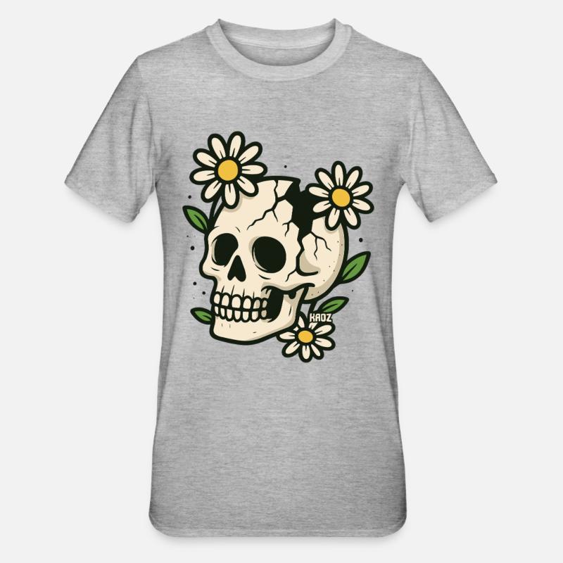 Schädel mit Blumenkranz - Unisex Polycotton T-Shirt - Grau meliert
