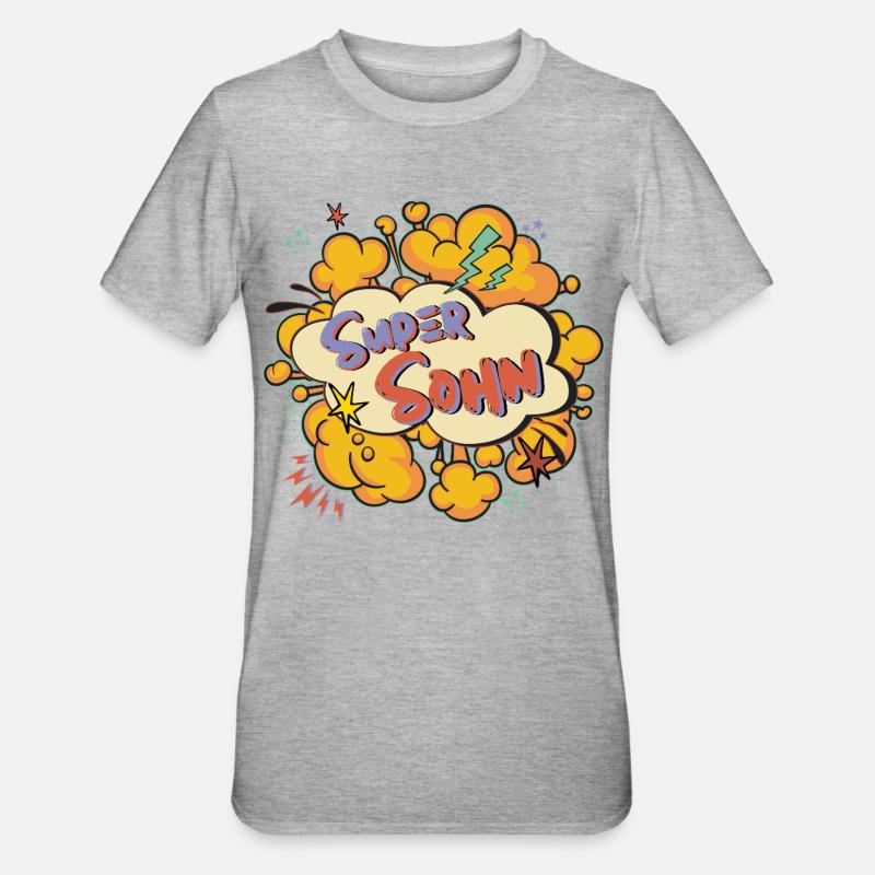 Super Sohn: Bunter Comic-Print - Unisex Polycotton T-Shirt - Grau meliert