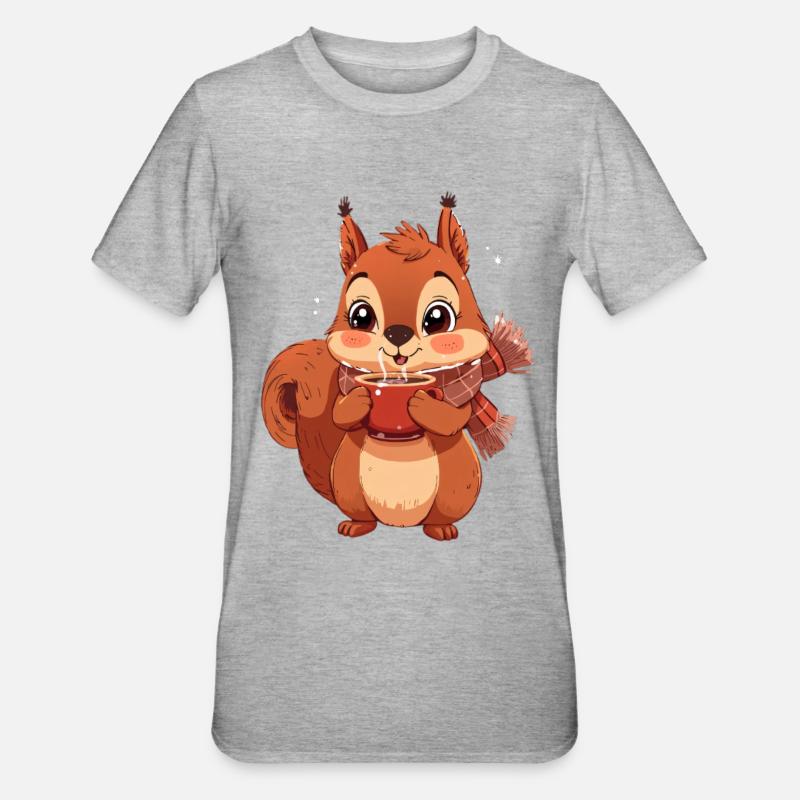 Winterliches Eichhörnchen mit Tasse - Unisex Polycotton T-Shirt - Grau meliert