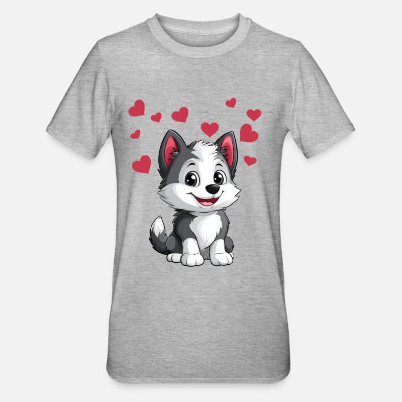 Mignon husky avec des cœurs - T-shirt polycoton Unisexe - gris chiné