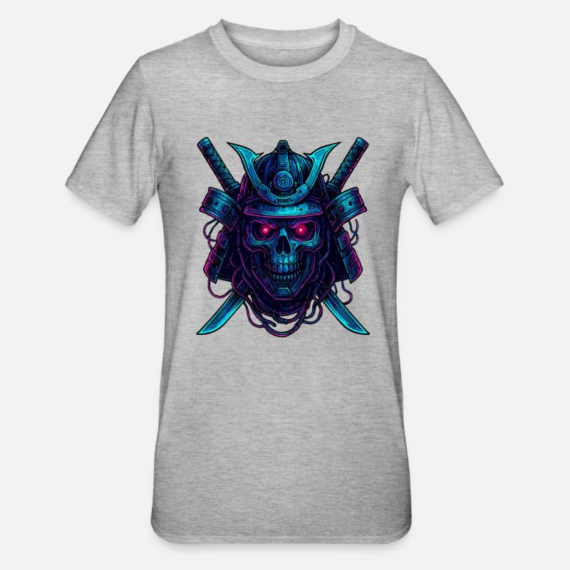 Cyber Samurai Skull Neon Design - Unisex Polycotton T-Shirt - heather grey