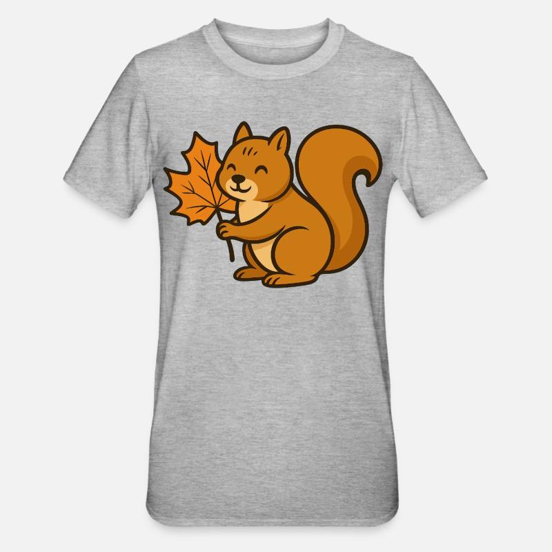 Écureuil mignon avec dessin animé de feuille d’automne - T-shirt polycoton Unisexe - gris chiné