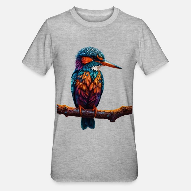 Bunter Eisvogel auf Ast - Unisex Polycotton T-Shirt - Grau meliert
