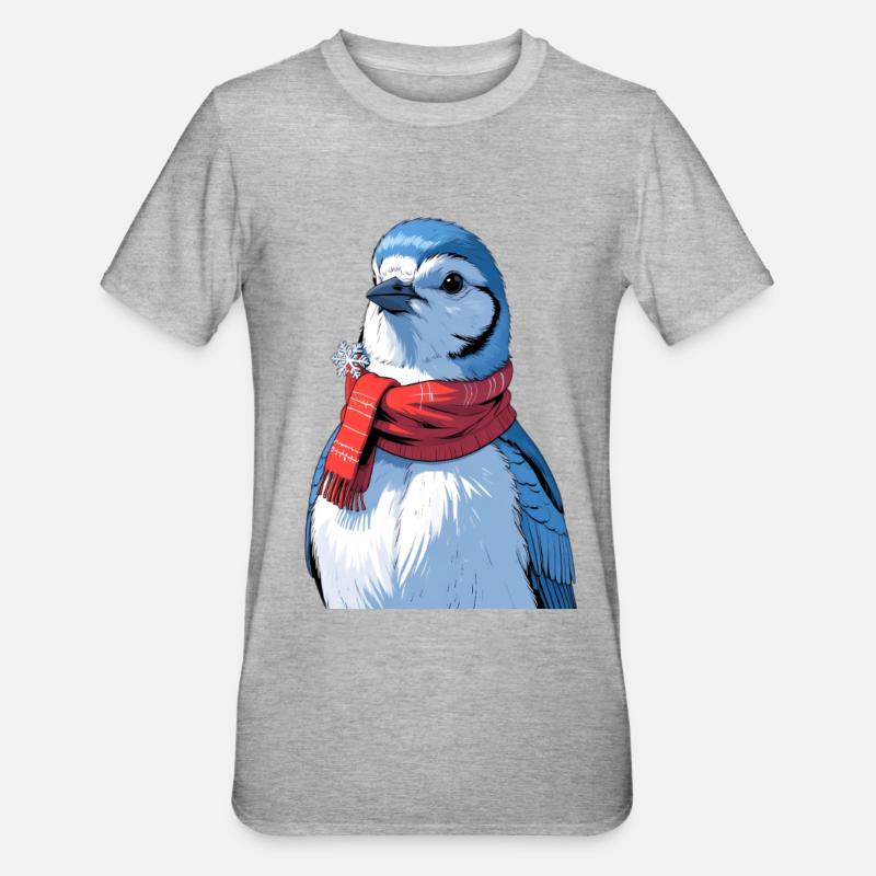 Oiseau d’hiver avec écharpe rouge - T-shirt polycoton Unisexe - gris chiné