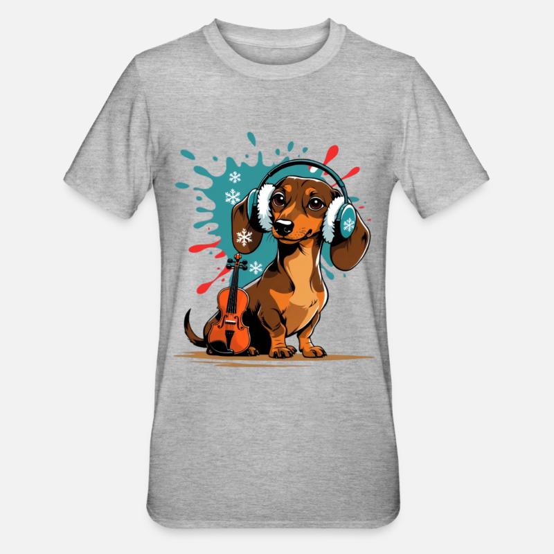 Wintermusik-Dackel mit Kopfhörern - Unisex Polycotton T-Shirt - Grau meliert
