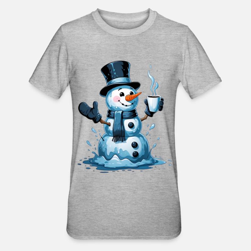 Schneemann mit dampfendem Becher - Unisex Polycotton T-Shirt - Grau meliert