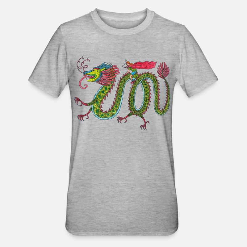 Drache mit lesendem Reiter - Unisex Polycotton T-Shirt - Grau meliert