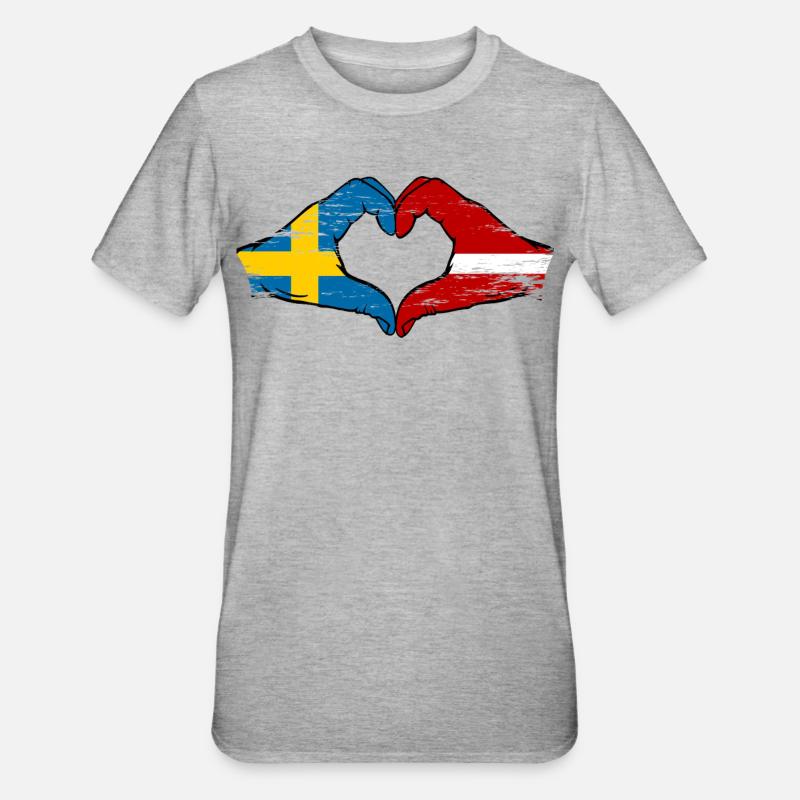 Suède Lettonie drapeau coeur utilisé - T-shirt polycoton Unisexe - gris chiné