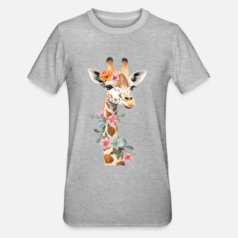 Girafe avec couronne de fleurs - T-shirt polycoton Unisexe - gris chiné