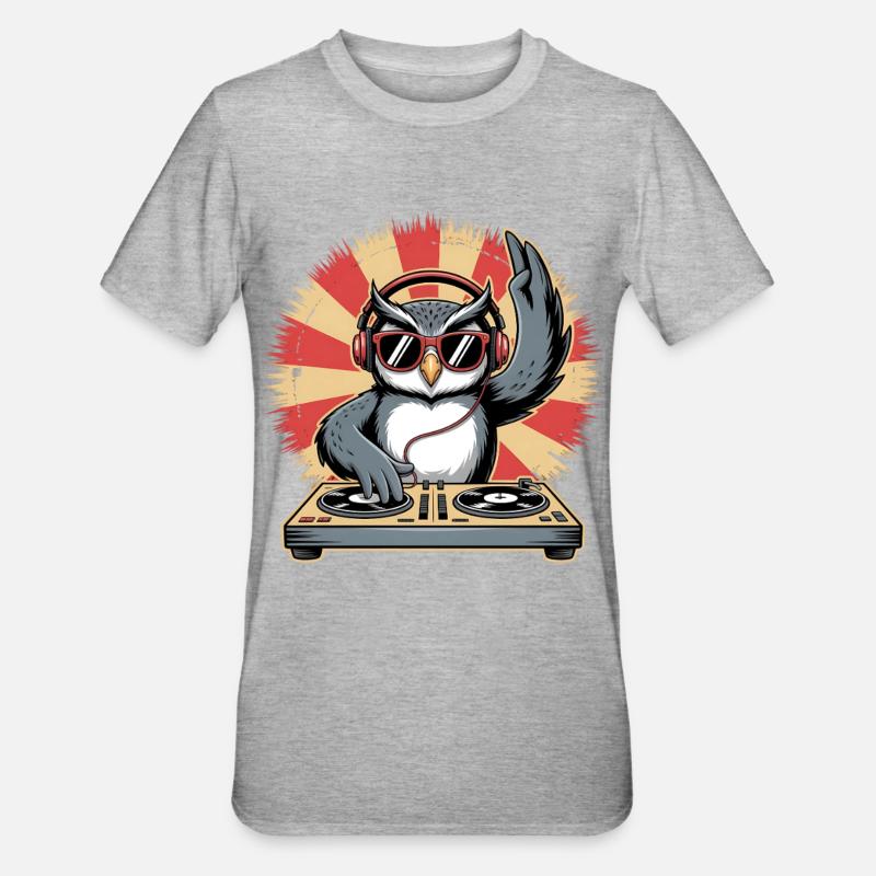 DJ Eule mit Turntables - Unisex Polycotton T-Shirt - Grau meliert