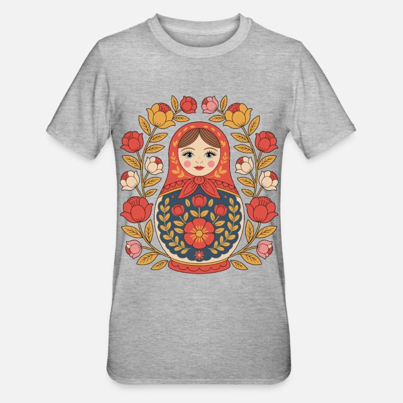 Conception de couronne de fleurs matriochka - T-shirt polycoton Unisexe - gris chiné