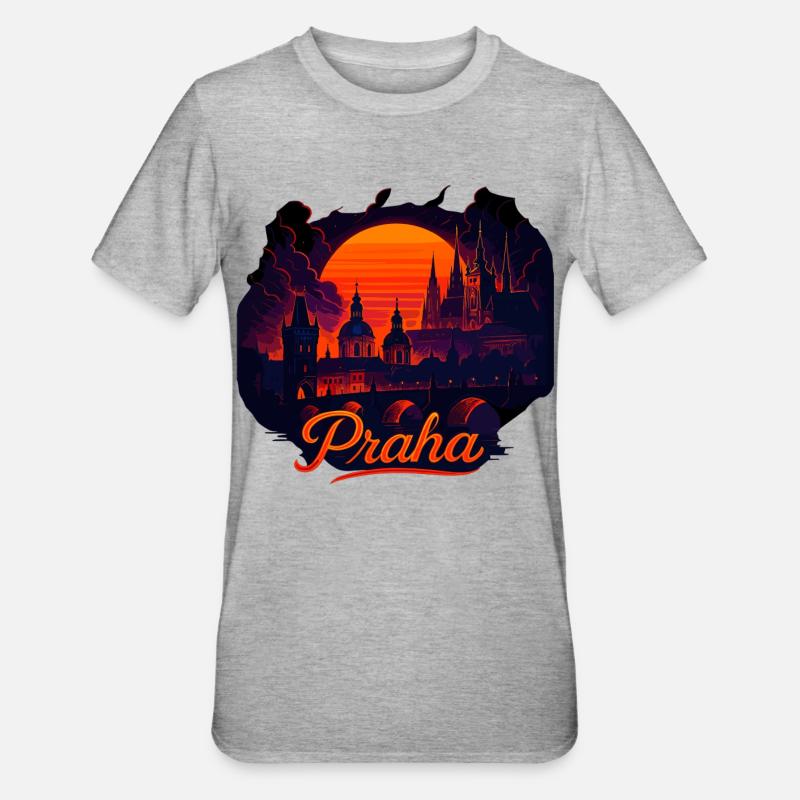 Praha Abendlicht Skyline Abendrot Geschenk - Unisex Polycotton T-Shirt - Grau meliert