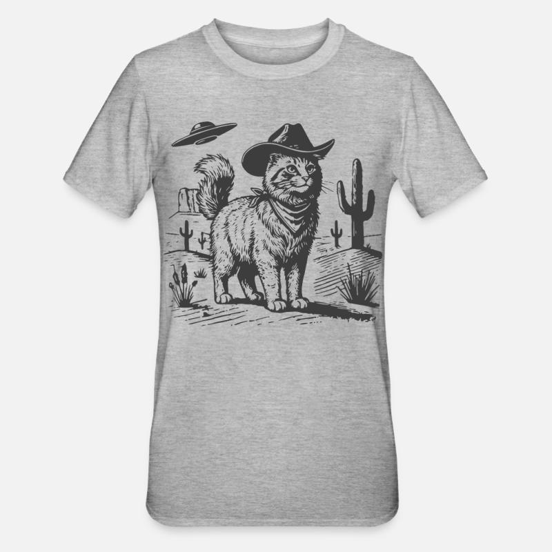 Cowboy-Katze in der Sci-Fi-Wüste - Unisex Polycotton T-Shirt - Grau meliert