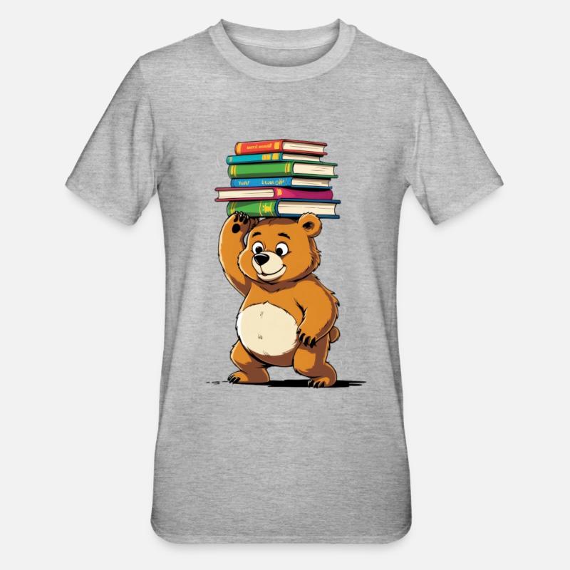 Lernbär mit Bücherstapeln - Unisex Polycotton T-Shirt - Grau meliert