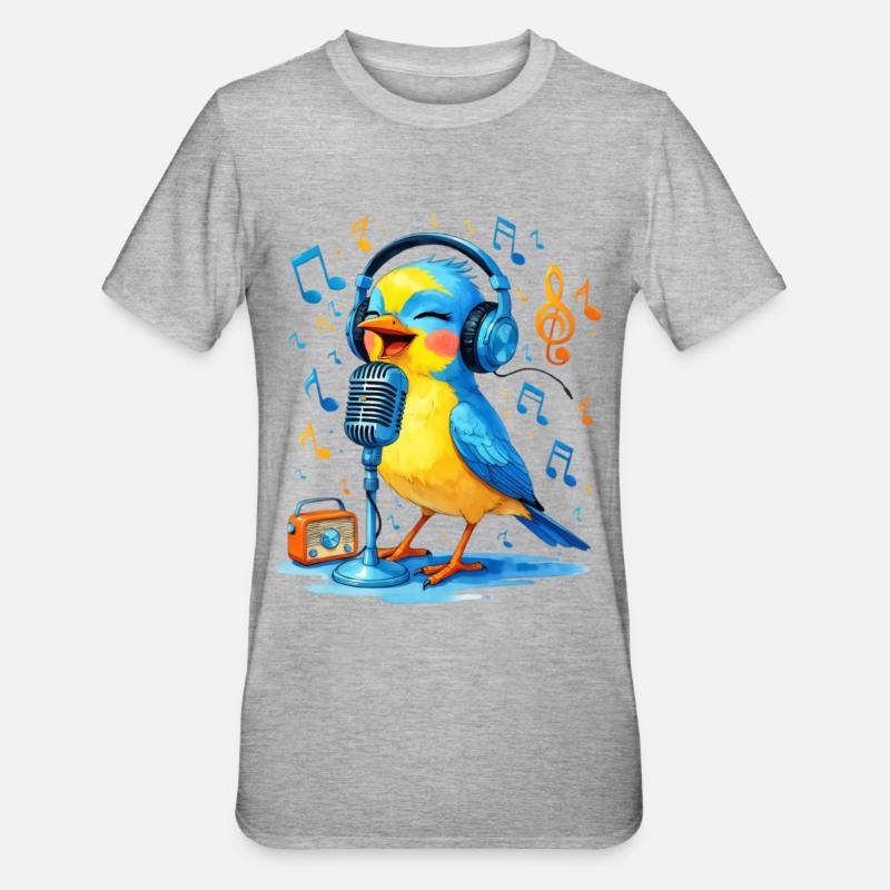 Karaoke Vogel mit Kopfhörern - Unisex Polycotton T-Shirt - Grau meliert