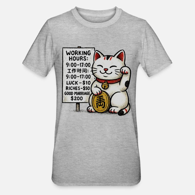 Lucky Cat Fortune Schild - Unisex Polycotton T-Shirt - Grau meliert