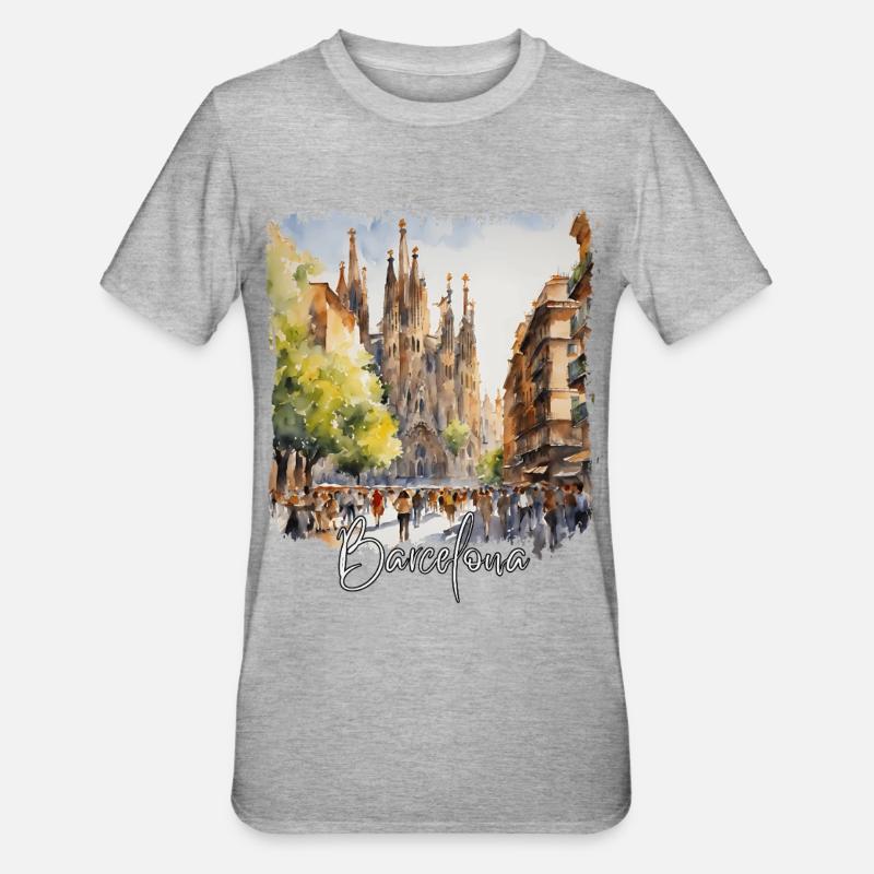 Aquarelle de Barcelone, Barcelone, Espagne - T-shirt polycoton Unisexe - gris chiné