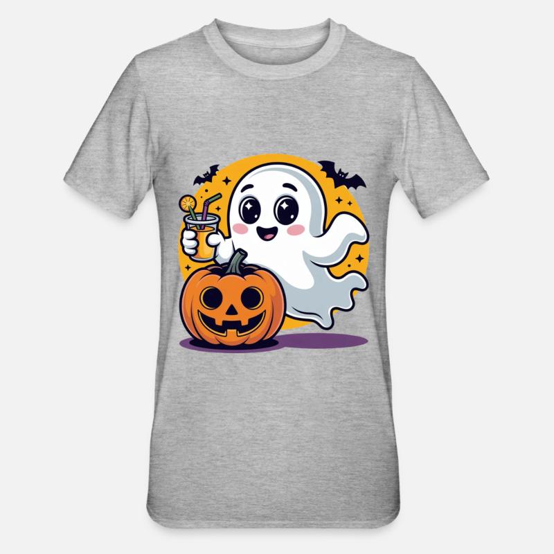 Cute Halloween Ghost with Pumpkin - Unisex Polycotton T-Shirt - heather grey