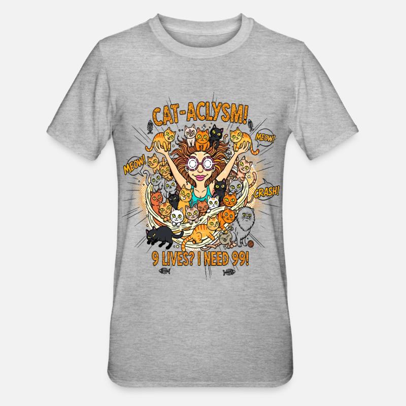 CAT-ACLYSM! 99 Katzen Chaos - Comic - Unisex Polycotton T-Shirt - Grau meliert