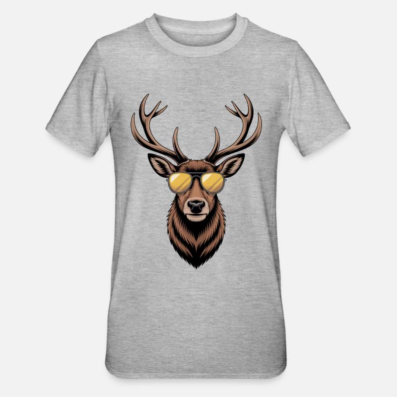 Hirsch mit Geweih und Sonnenbrille - Unisex Polycotton T-Shirt - Grau meliert