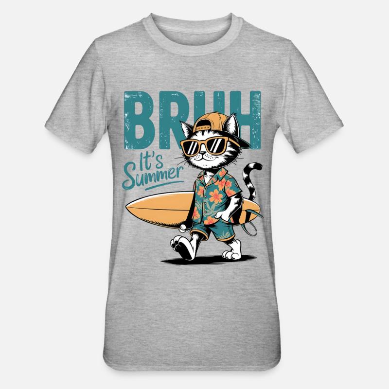 Surfer Katze mit Surfbrett - Unisex Polycotton T-Shirt - Grau meliert