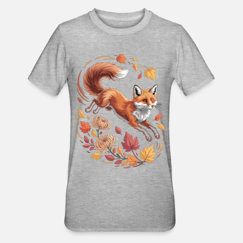 Fuchs mit Herbstblättern - Unisex Polycotton T-Shirt - Grau meliert