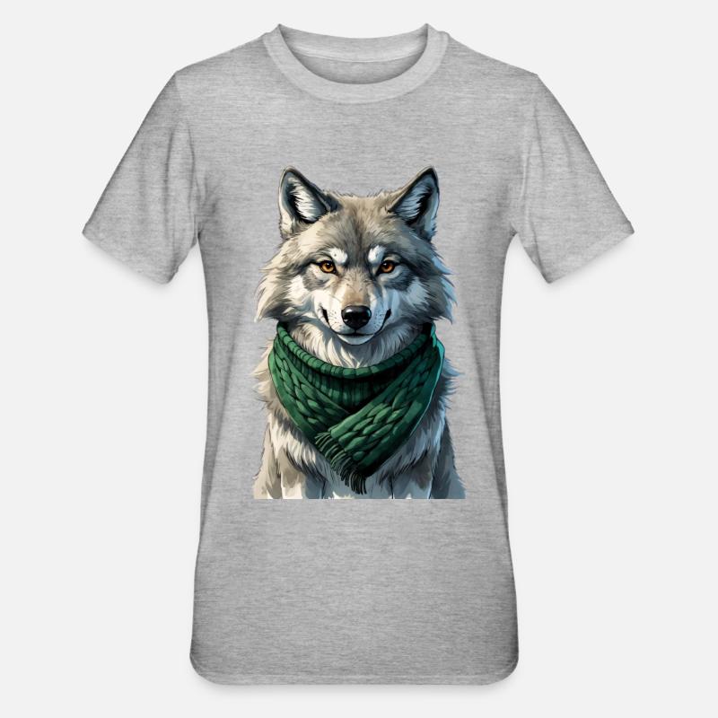 Wolfsilhouette mit Grünschal - Unisex Polycotton T-Shirt - Grau meliert