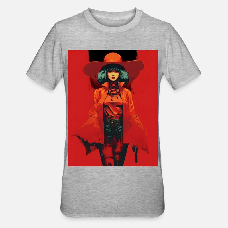 Frau mit Orange Mantel Breiter Hut - Unisex Polycotton T-Shirt - Grau meliert