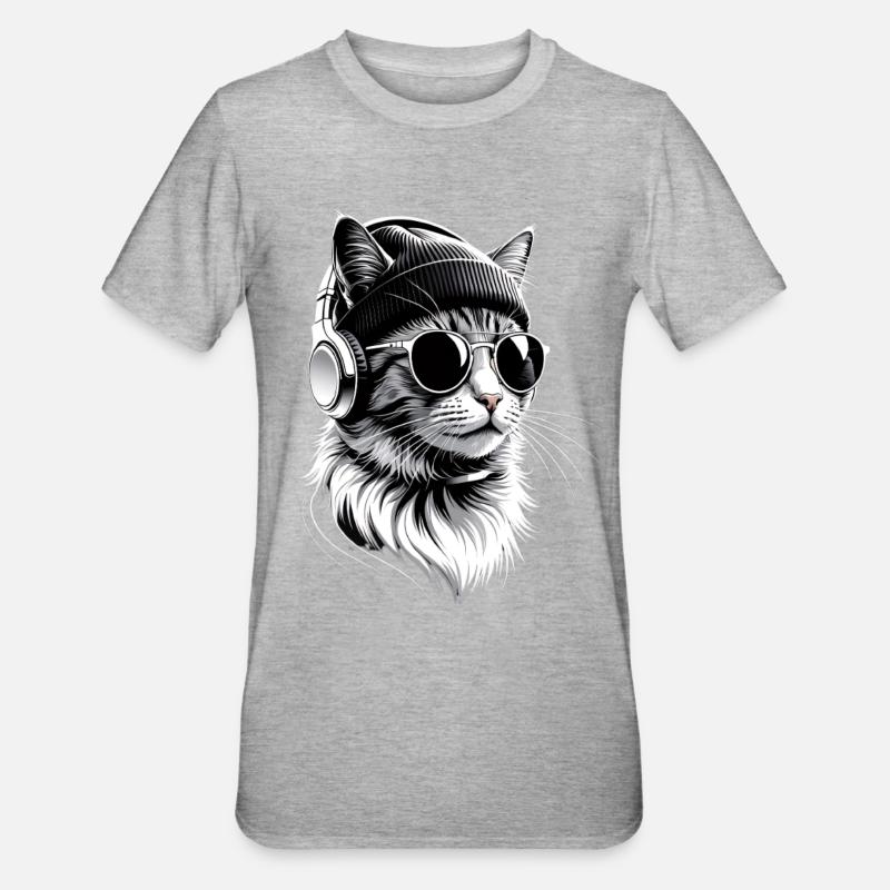 Cat DJ avec casque - T-shirt polycoton Unisexe - gris chiné