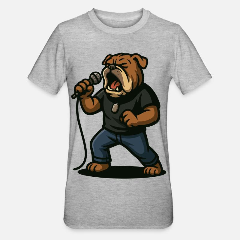 Rocksängerin Bulldogge mit Mikrofonkunst - Unisex Polycotton T-Shirt - Grau meliert