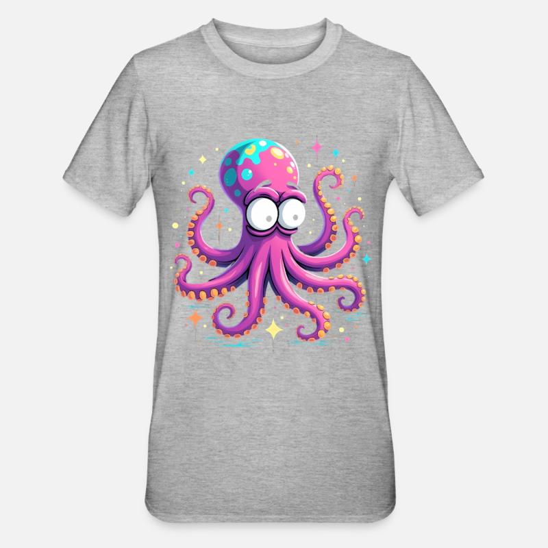 Neon Oktopus Farbexplosion - Unisex Polycotton T-Shirt - Grau meliert