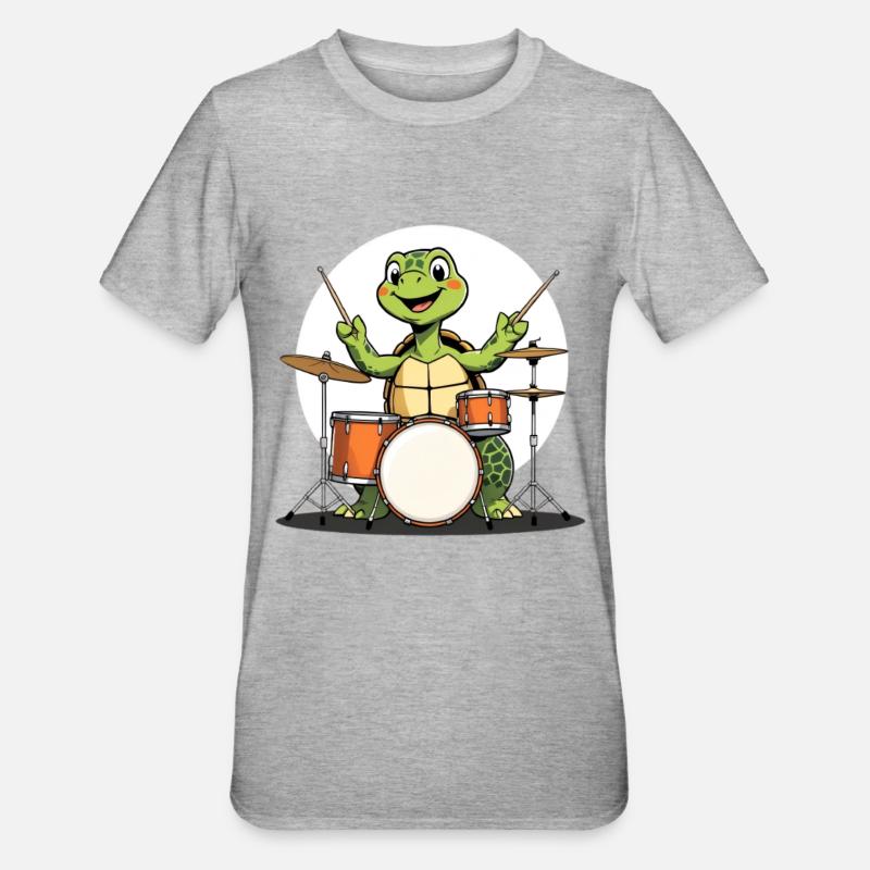 Schildkroete am Drumset - Unisex Polycotton T-Shirt - Grau meliert