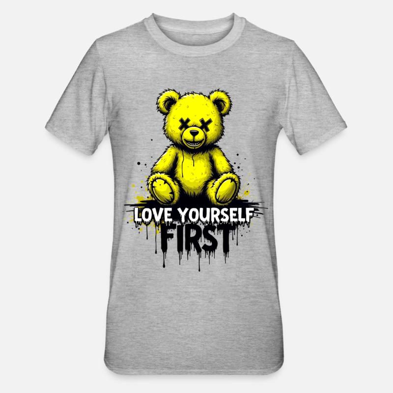 Love Yourself First Teddybär Graffiti - Unisex Polycotton T-Shirt - Grau meliert