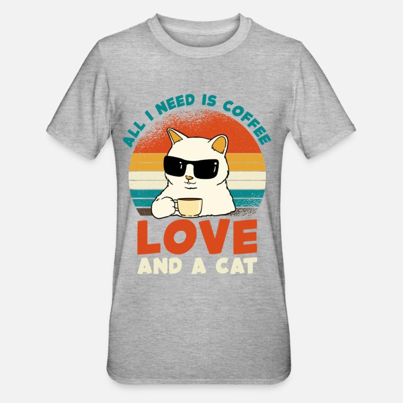 Kaffee Katze Liebe Retro - Unisex Polycotton T-Shirt - Grau meliert