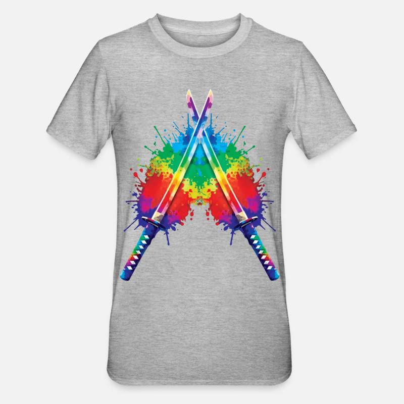 Katanas Splash Art – Japanische Schwerter Samurai-Kunst - Unisex Polycotton T-Shirt - Grau meliert