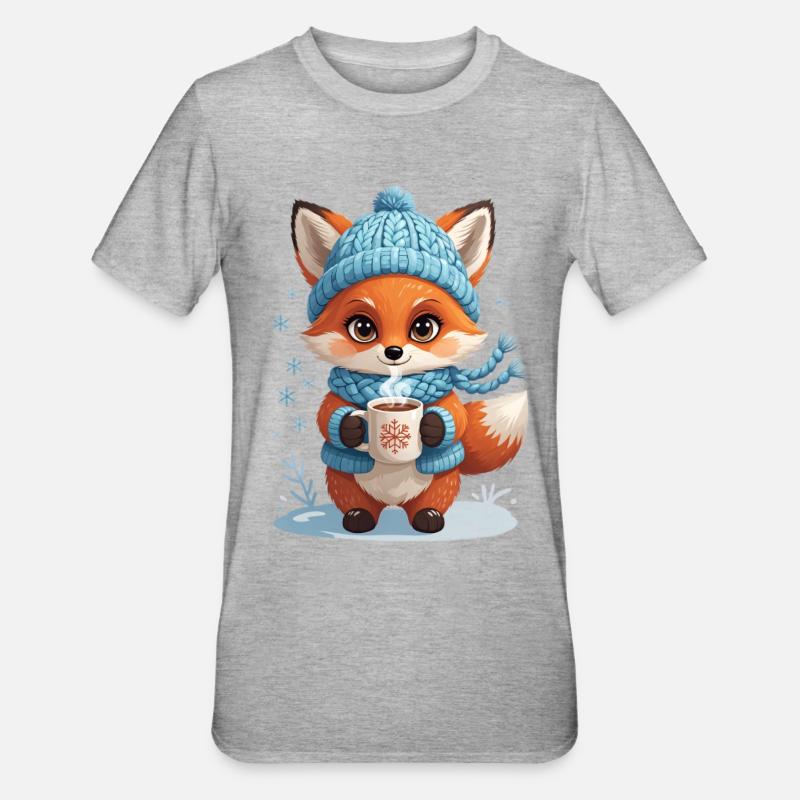 Winterfuchs mit Kakao - Unisex Polycotton T-Shirt - Grau meliert