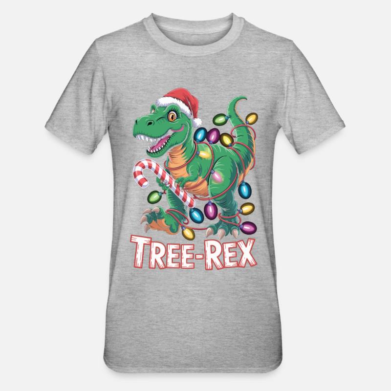 Tree-Rex Dinosaurier - T-Rex mit Lichterkette - Unisex Polycotton T-Shirt - Grau meliert