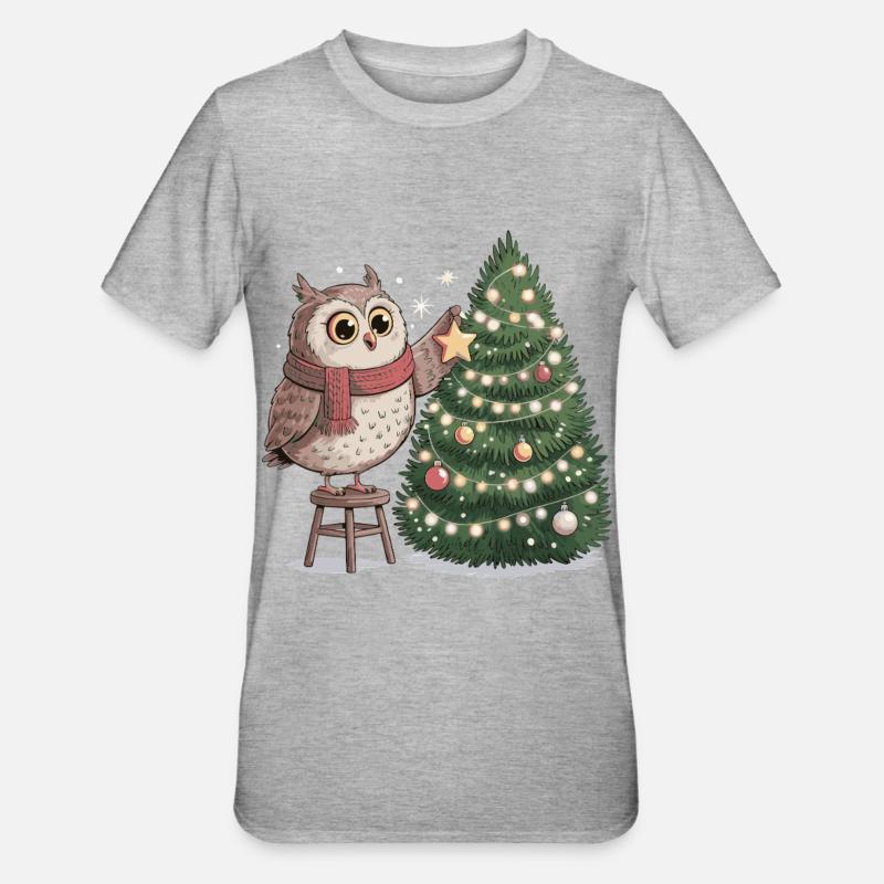 Eule schmückt Weihnachtsbaum - Unisex Polycotton T-Shirt - Grau meliert