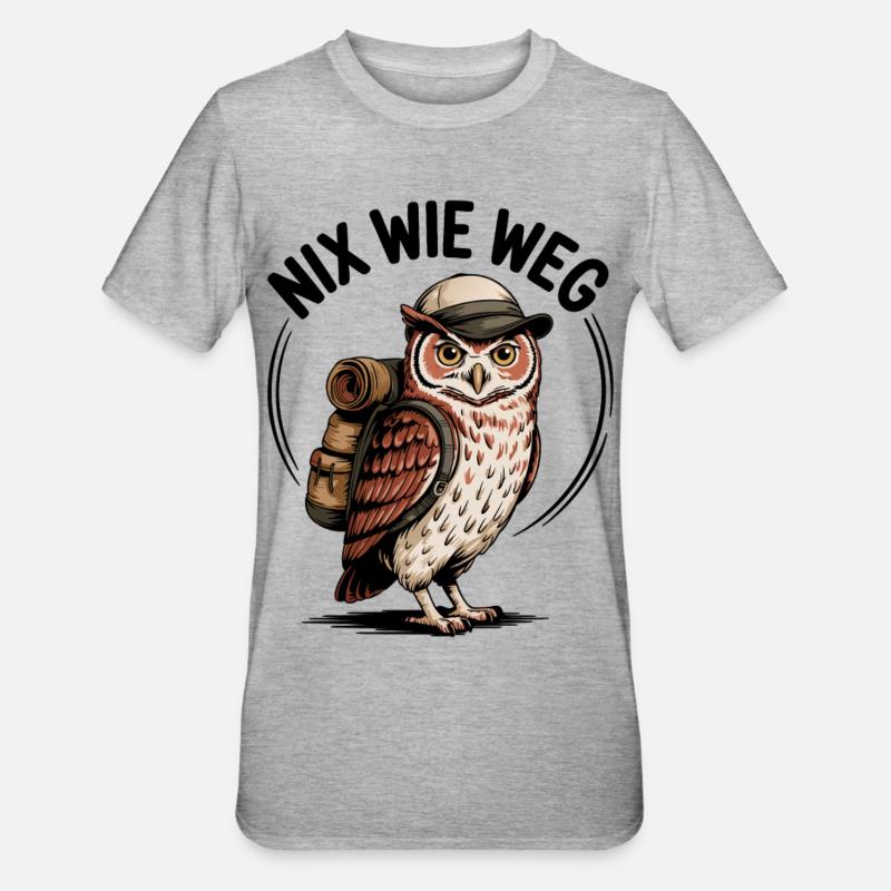 Wandernde Eule mit Rucksack - Unisex Polycotton T-Shirt - Grau meliert