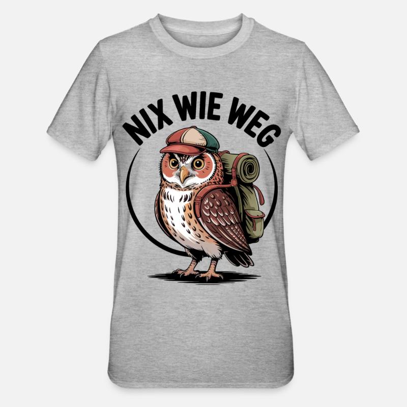 Wander-Eule mit Rucksack - Unisex Polycotton T-Shirt - Grau meliert