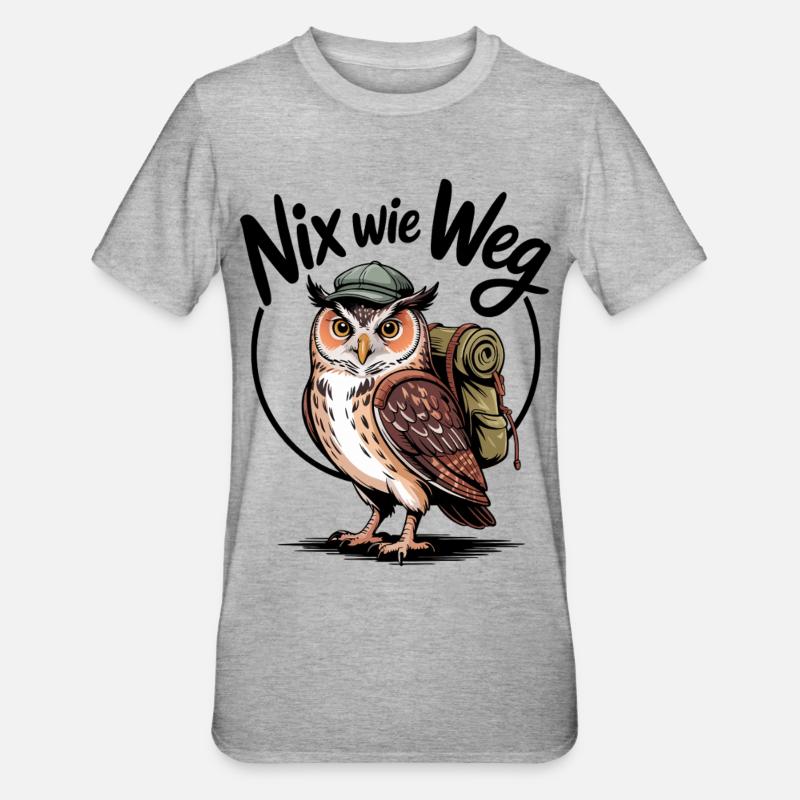 Wandernde Eule mit Rucksack - Unisex Polycotton T-Shirt - Grau meliert