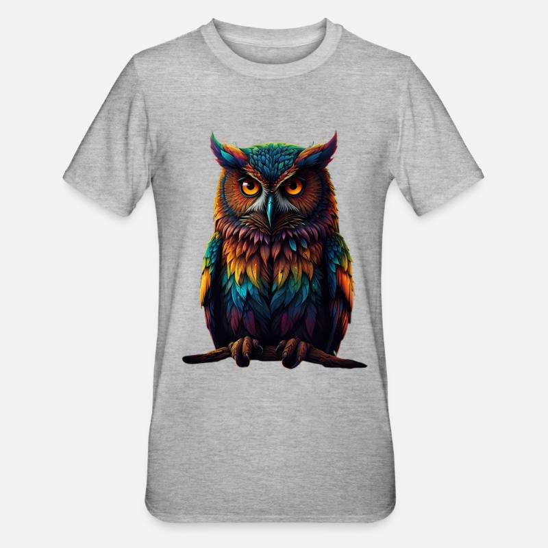 Bunte Eulenfedern Neonaugen - Unisex Polycotton T-Shirt - Grau meliert