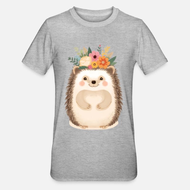 Blumenkranz-Igel: süßer Waldfreund - Unisex Polycotton T-Shirt - Grau meliert
