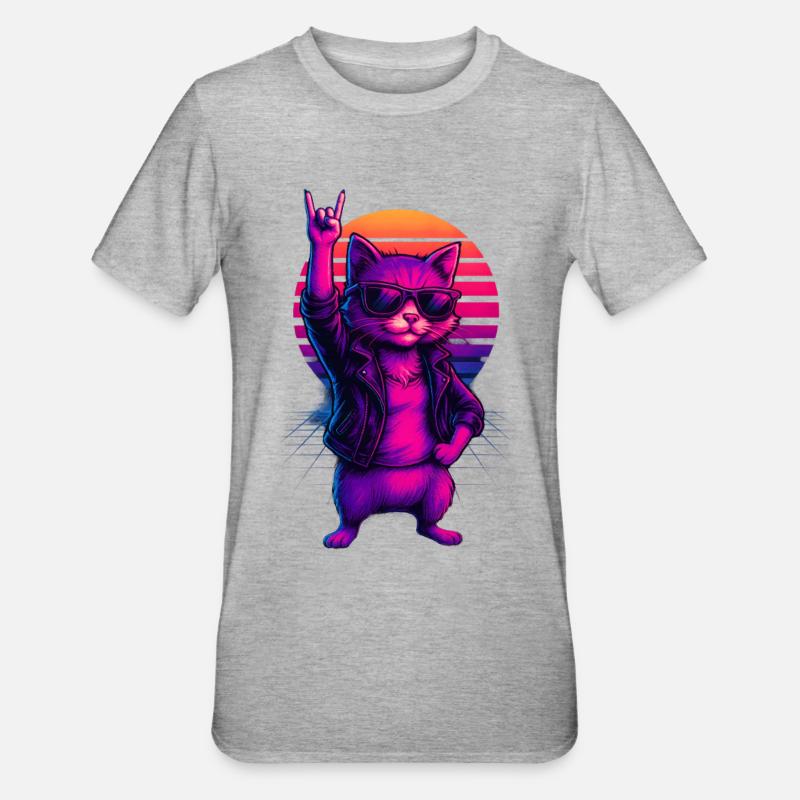 Synthwave Cat Cat Retro Sunset - Unisex Polycotton T-Shirt - heather grey