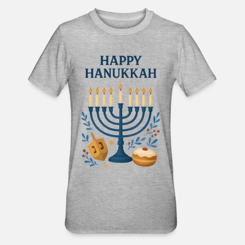 Joyeux Menorah festif de Hanoucca - T-shirt polycoton Unisexe - gris chiné