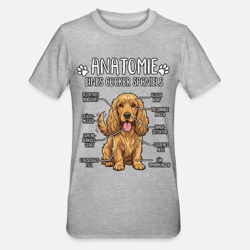 Cocker Spaniel : La vraie anatomie - T-shirt polycoton Unisexe - gris chiné