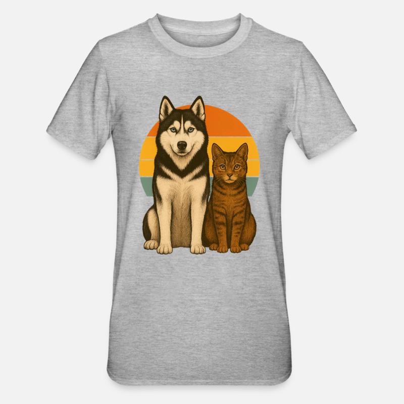 Husky et chat - T-shirt polycoton Unisexe - gris chiné